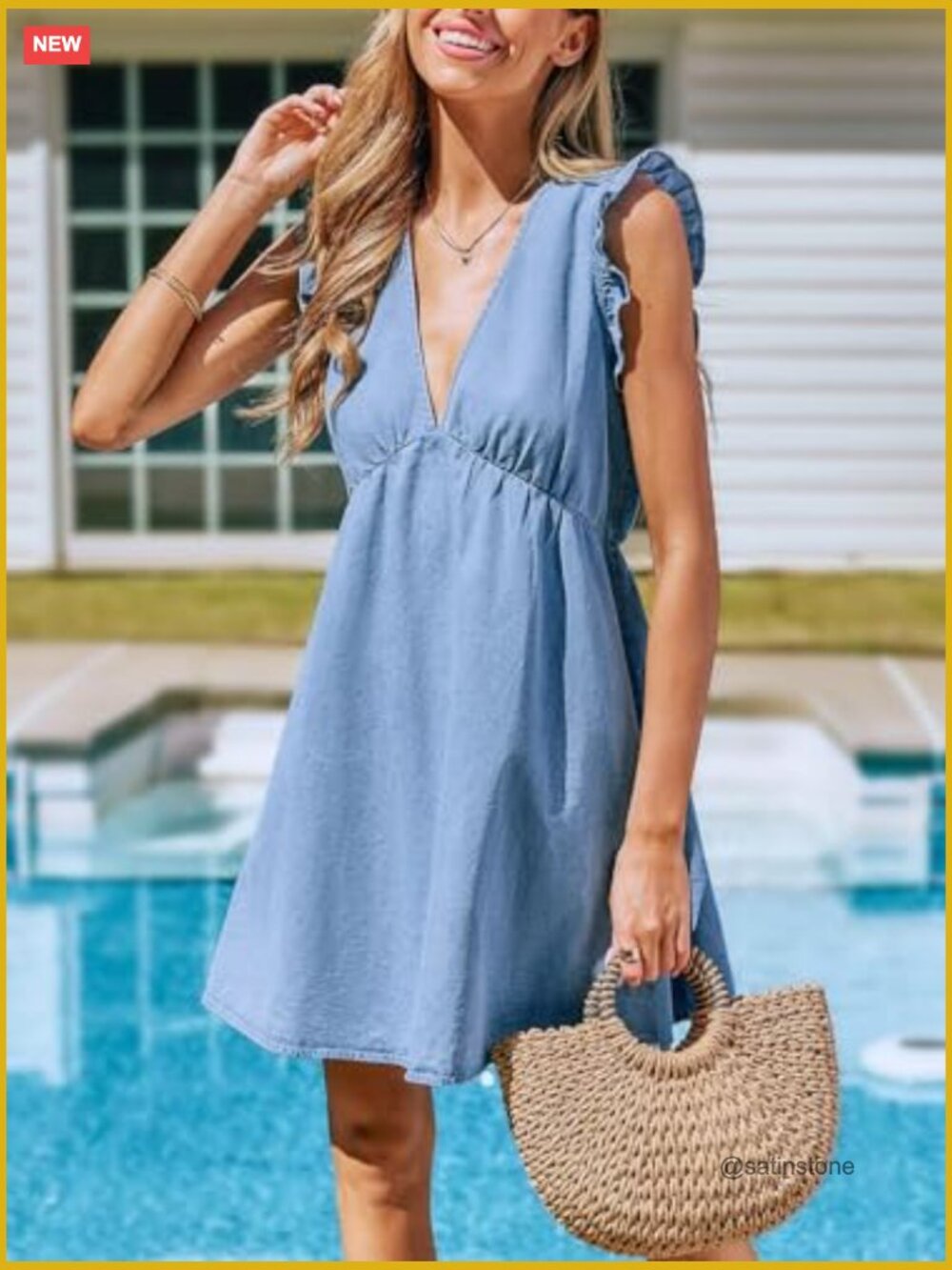Women's Denim Summer Dress Cotton Plunging V Neck Casual Sundress Ruffle - Picture 4 of 7